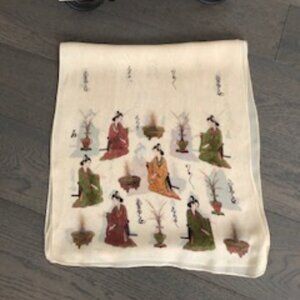 FAVOLOSA Vintage Designer 100% Rayon Scarf w Graphics Cream Grn Brn Gold Sz OS